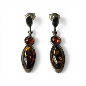 Vintage V8 925 Sterling Silver Two-Tone Baltic Amber Drop Earrings